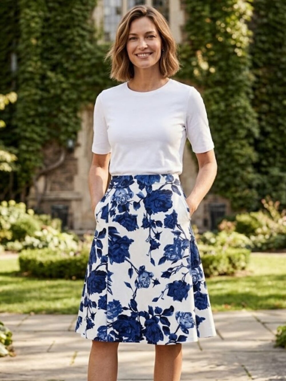 Talbots Siz 6 Blue White Floral A-Line Knee Length Skirt Pockets Academia Preppy